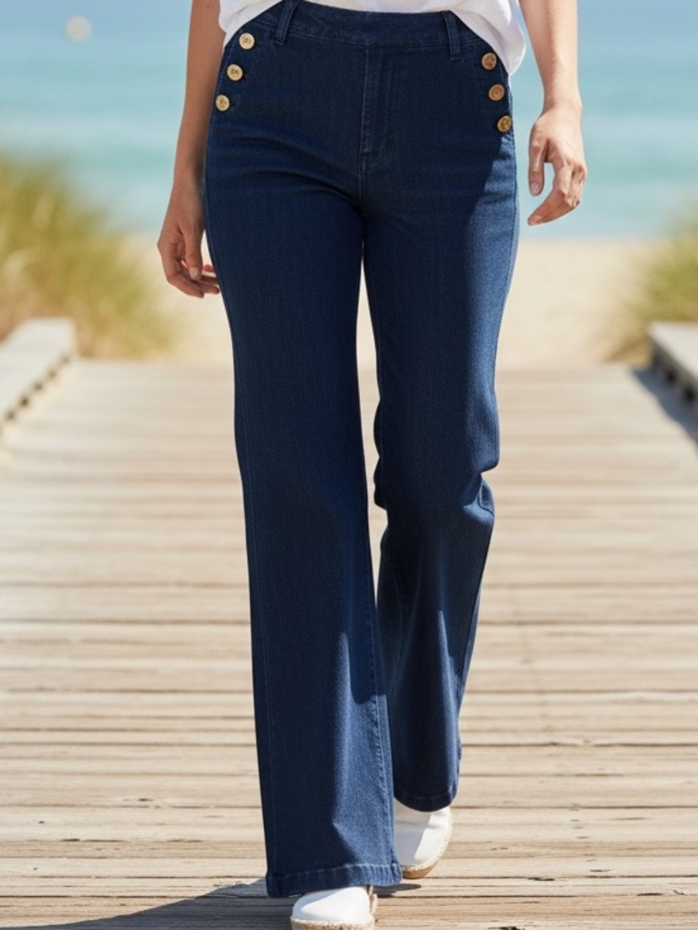 Ann Taylor Jeans Wide-Leg Denim Sailor Style Button Nautical Coastal Academia